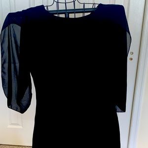 Black dress with sheer above-elbow elbow.